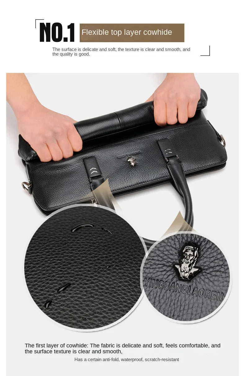 Men’s Genuine Leather Briefcase, Double Zipper Business Bag