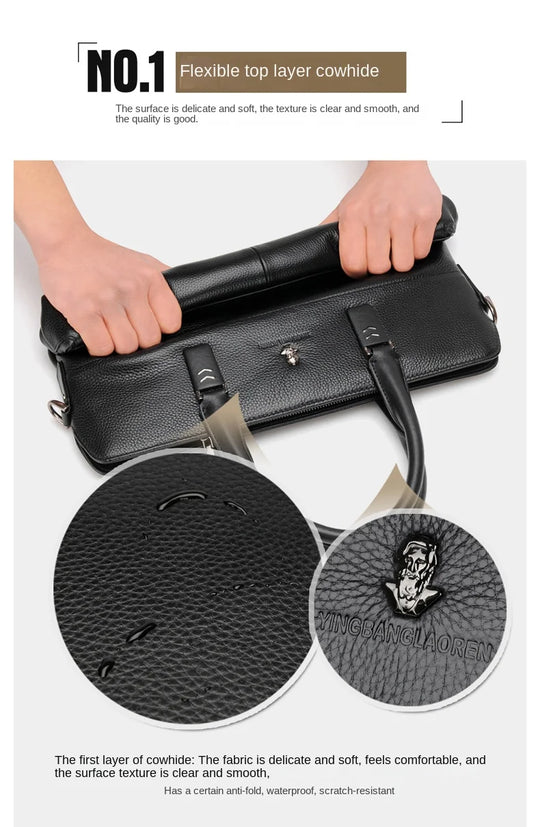 Men’s Genuine Leather Briefcase, Double Zipper Business Bag