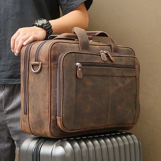 Genuine Crazy Horse Leather Men's Briefcase, 17" Laptop Business Bag