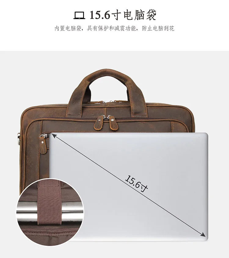 Genuine Crazy Horse Leather Men's Briefcase, 17" Laptop Business Bag
