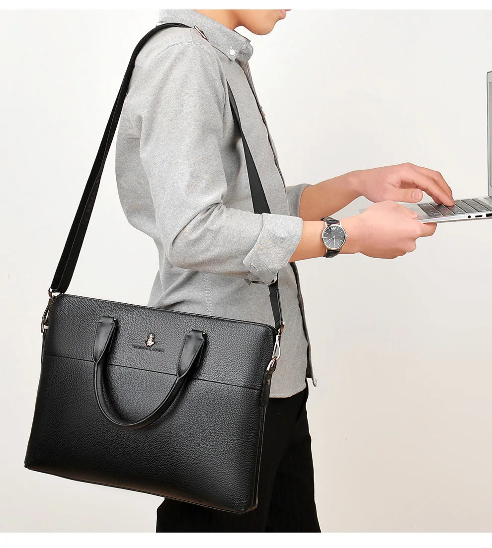 Men’s Genuine Leather Briefcase, Double Zipper Business Bag