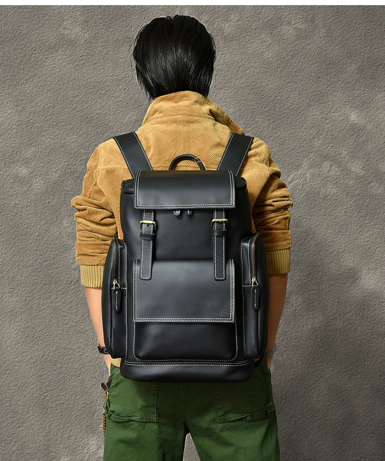 Vintage Crazy Horse Leather Backpack for Men, Large Hiking Bag