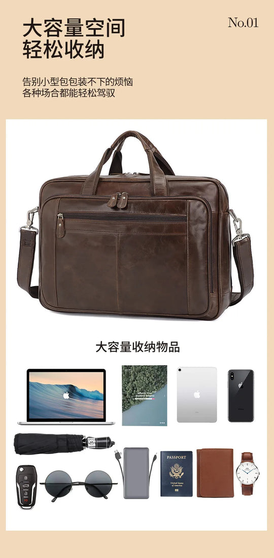 Genuine Crazy Horse Leather Men's Briefcase, 17" Laptop Business Bag