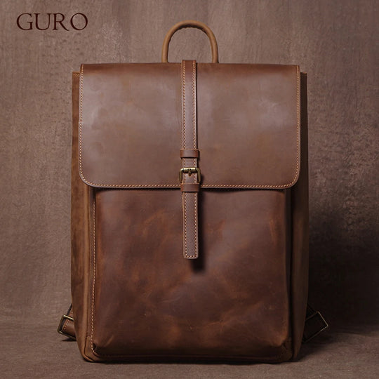 Men’s Retro Genuine Leather Backpack, Flap Travel Commuter Bag