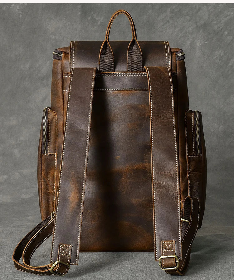 Vintage Crazy Horse Leather Backpack for Men, Large Hiking Bag