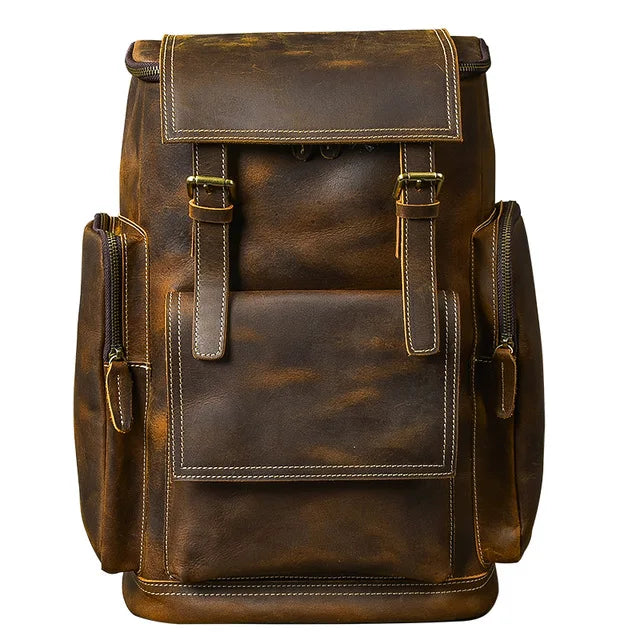 Vintage Crazy Horse Leather Backpack for Men, Large Hiking Bag
