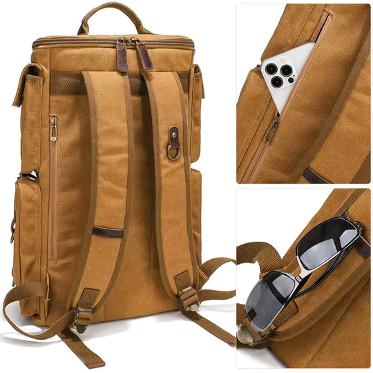 Vintage Leather 16 inch Laptop Backpack and Bag Two-In-One, Waxed Canvas Shoulder Rucksack, Carry-On Travel Bag-Backpack for Men and Women