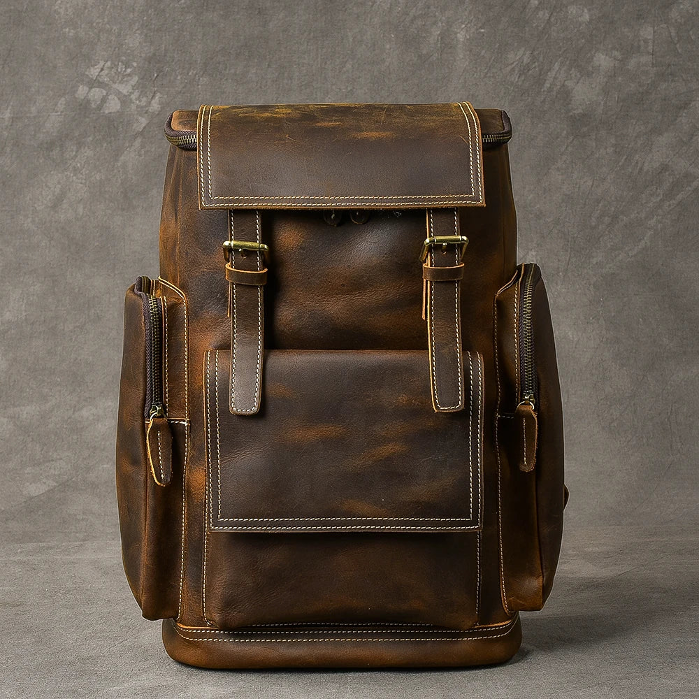 Vintage Crazy Horse Leather Backpack for Men, Large Hiking Bag