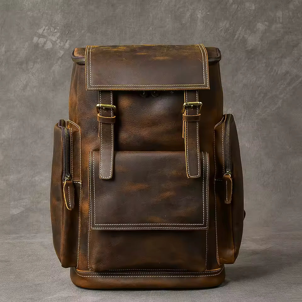 Vintage Genuine Leather Backpack for Men, Crazy Horse Leather Bagpack, Climbing Rucksack, Large Hiking Backpack