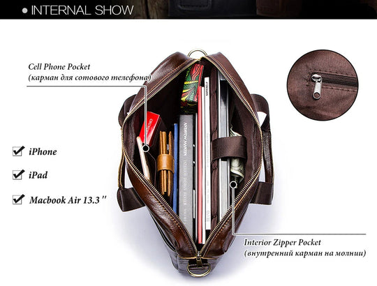 Genuine Leather Men's Briefcase, Business Laptop Messenger Bag