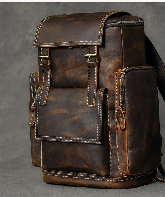 Vintage Crazy Horse Leather Backpack for Men, Large Hiking Bag