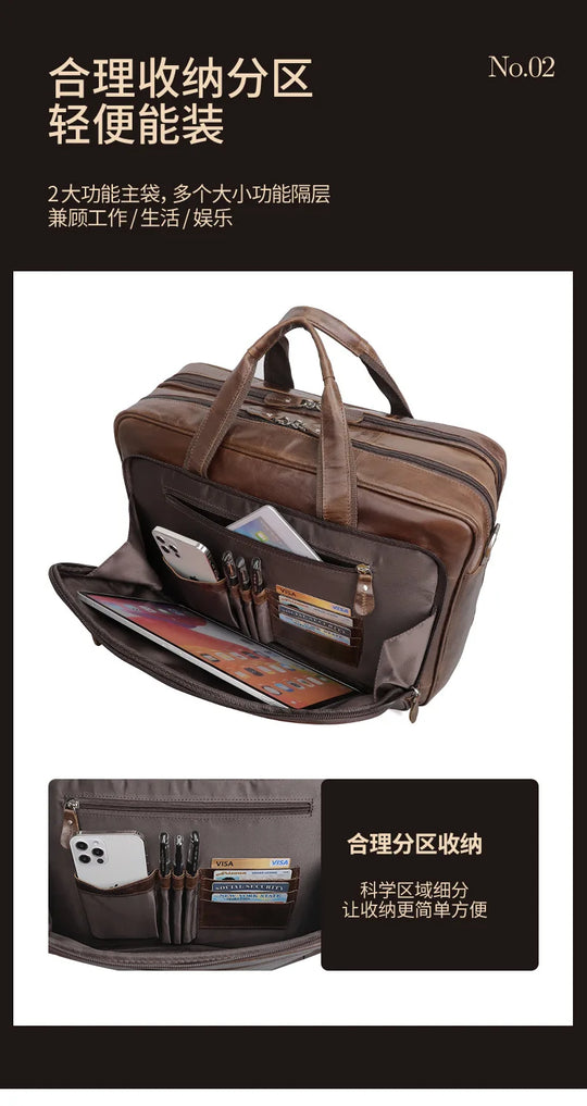 Genuine Crazy Horse Leather Men's Briefcase, 17" Laptop Business Bag