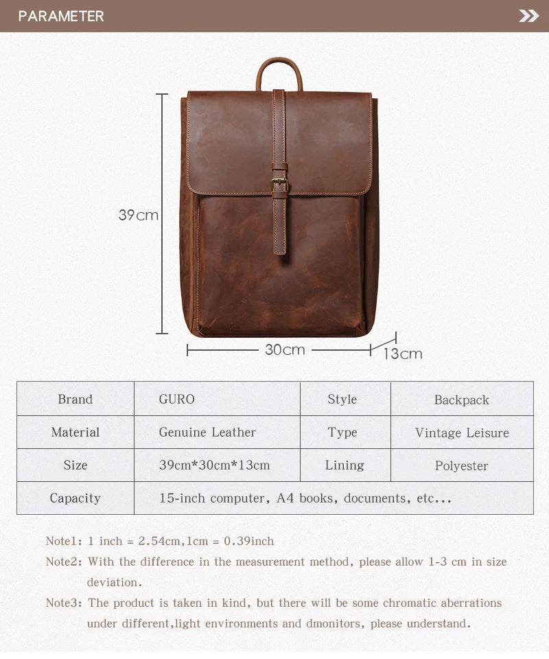 Men’s Retro Genuine Leather Backpack, Flap Travel Commuter Bag