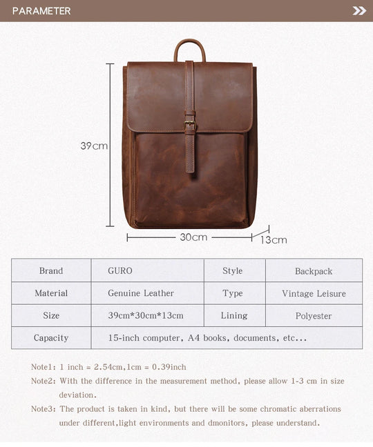 Men’s Retro Genuine Leather Backpack, Flap Travel Commuter Bag