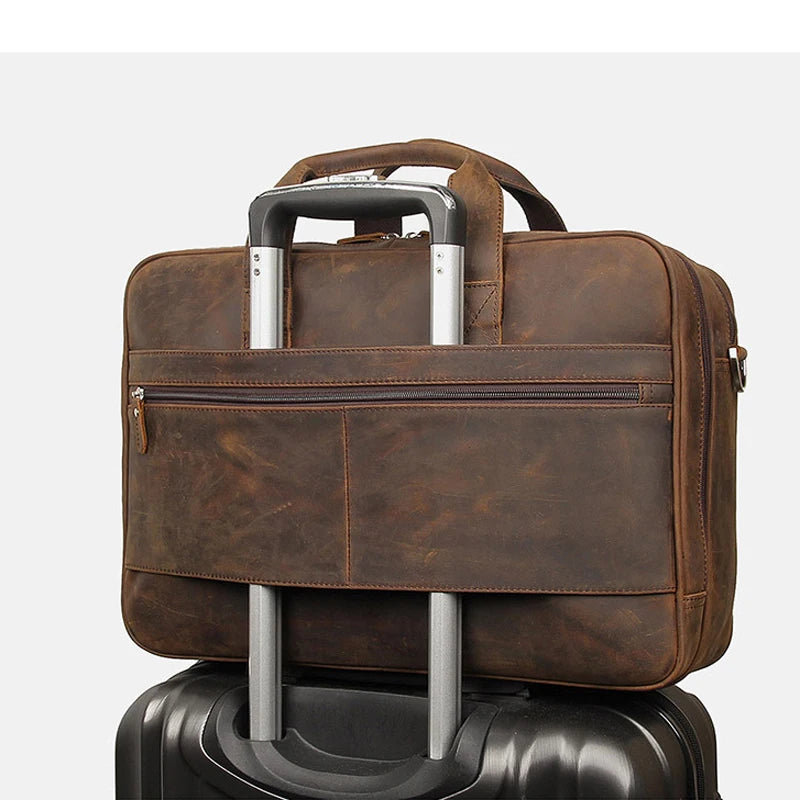Genuine Crazy Horse Leather Men's Briefcase, 17" Laptop Business Bag