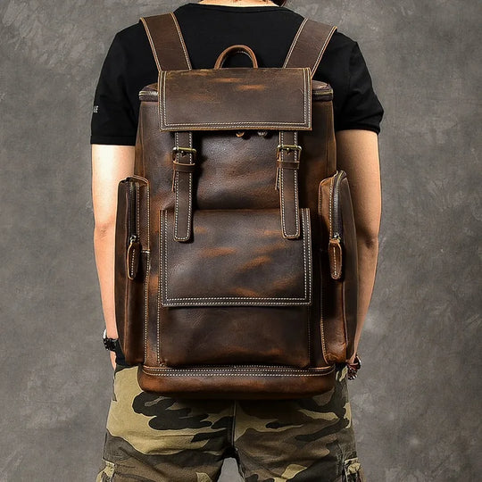 Vintage Crazy Horse Leather Backpack for Men, Large Hiking Bag