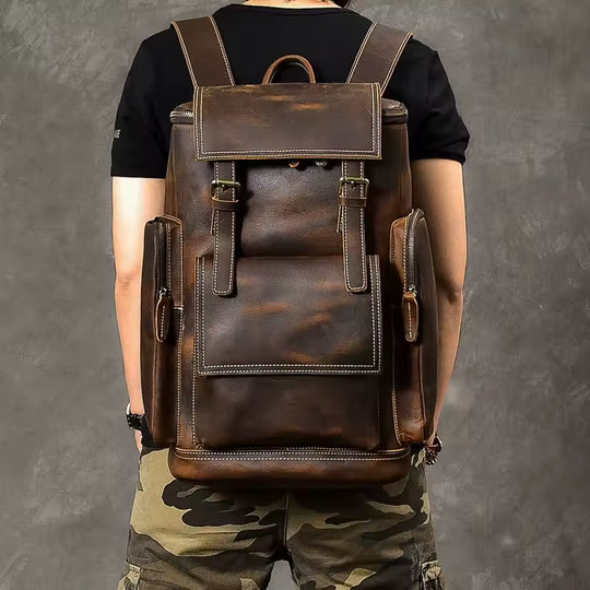 Vintage Genuine Leather Backpack for Men, Crazy Horse Leather Bagpack, Climbing Rucksack, Large Hiking Backpack