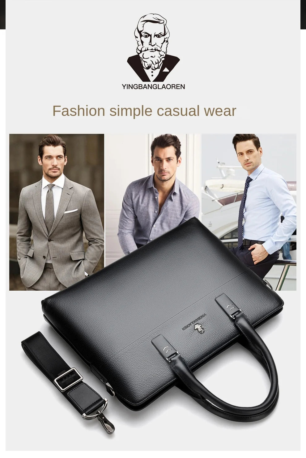 Men’s Genuine Leather Briefcase, Double Zipper Business Bag