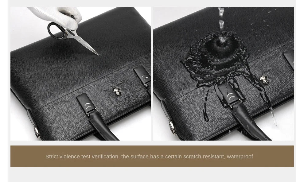 Men’s Genuine Leather Briefcase, Double Zipper Business Bag