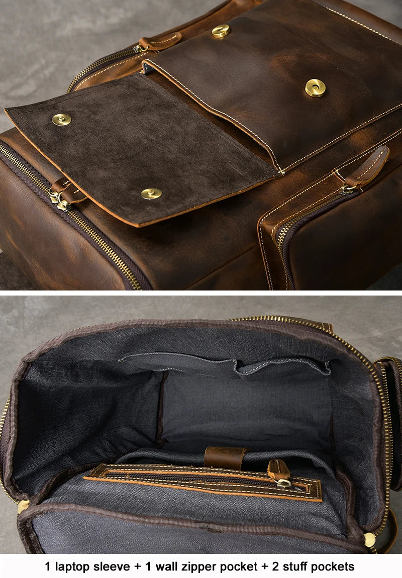Vintage Genuine Leather Backpack for Men, Crazy Horse Leather Bagpack, Climbing Rucksack, Large Hiking Backpack