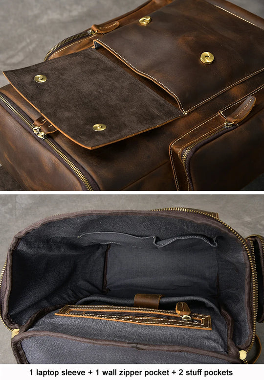 Vintage Genuine Leather Backpack for Men, Crazy Horse Leather Bagpack, Climbing Rucksack, Large Hiking Backpack