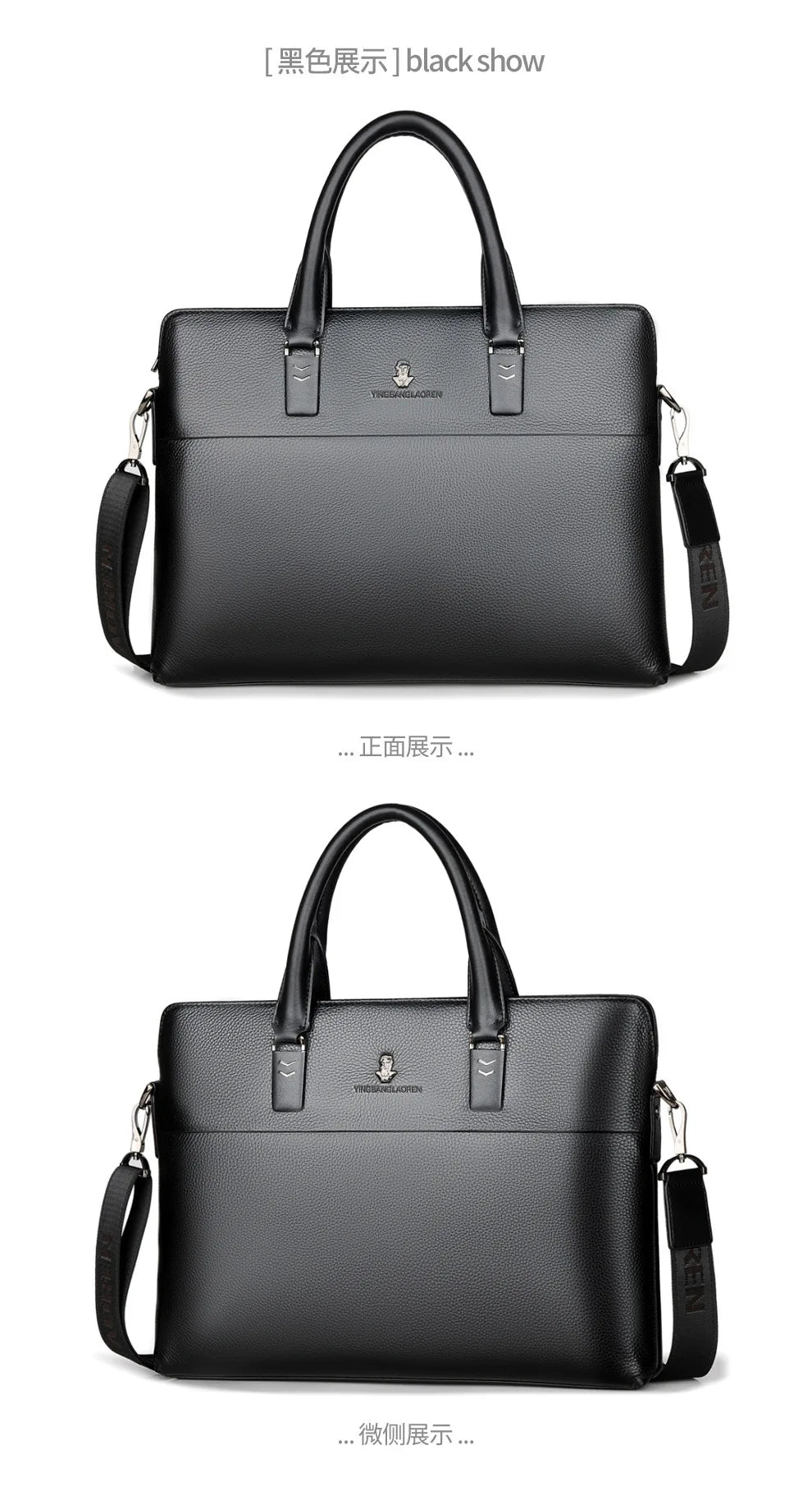 Men’s Genuine Leather Briefcase, Double Zipper Business Bag