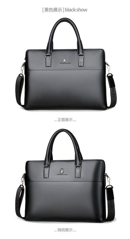 Men’s Genuine Leather Briefcase, Double Zipper Business Bag