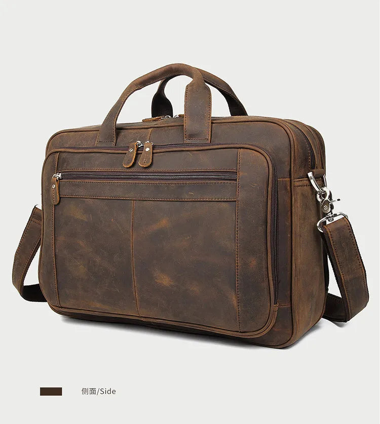 Genuine Crazy Horse Leather Men's Briefcase, 17" Laptop Business Bag