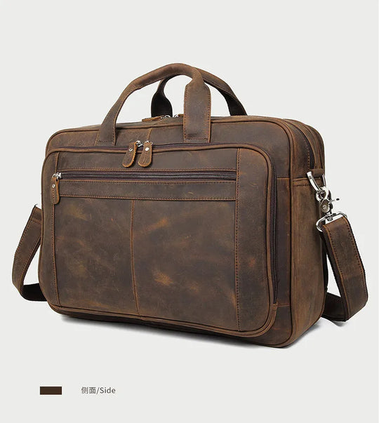 Genuine Crazy Horse Leather Men's Briefcase, 17" Laptop Business Bag