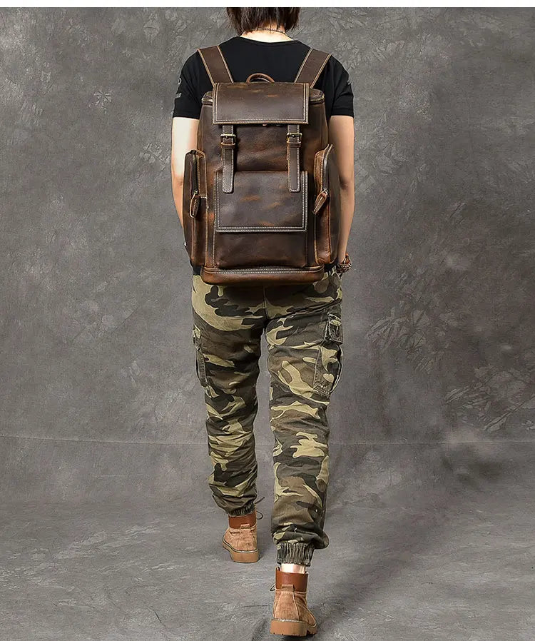 Vintage Crazy Horse Leather Backpack for Men, Large Hiking Bag