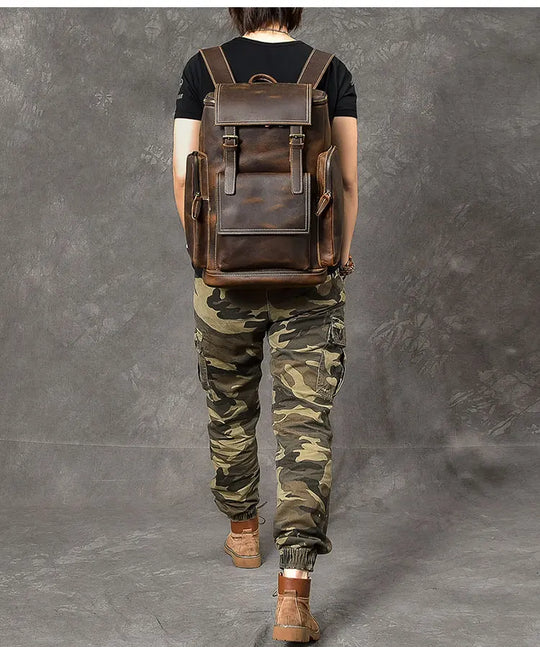 Vintage Crazy Horse Leather Backpack for Men, Large Hiking Bag