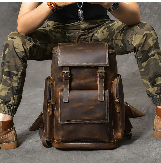 Vintage Crazy Horse Leather Backpack for Men, Large Hiking Bag