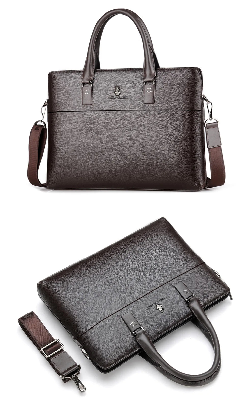 Men’s Genuine Leather Briefcase, Double Zipper Business Bag