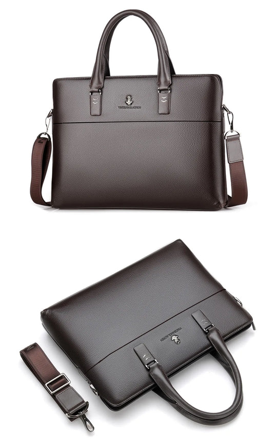 Men’s Genuine Leather Briefcase, Double Zipper Business Bag