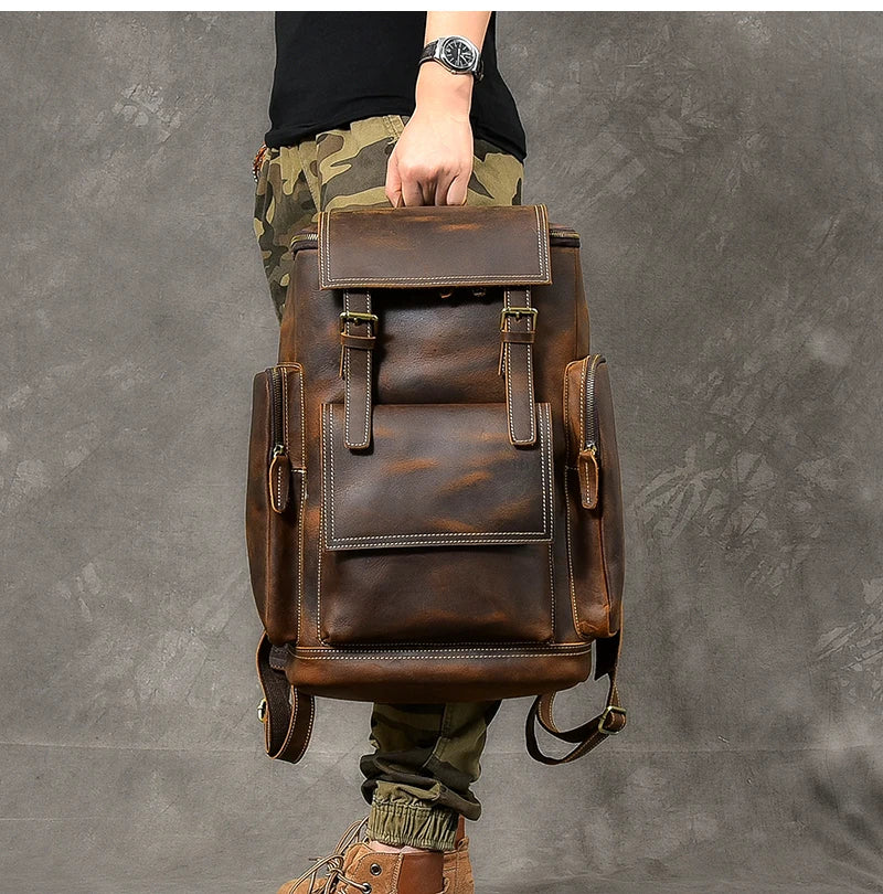 Vintage Crazy Horse Leather Backpack for Men, Large Hiking Bag