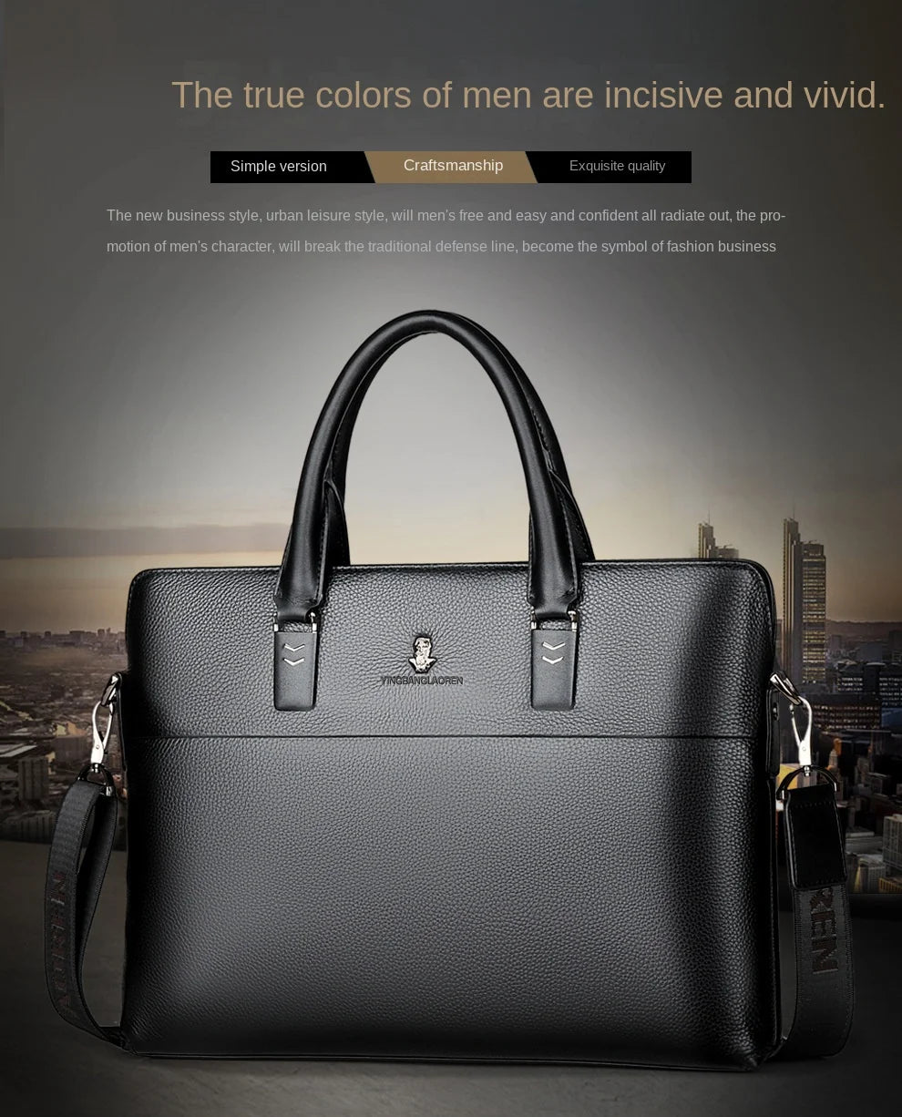 Men’s Genuine Leather Briefcase, Double Zipper Business Bag