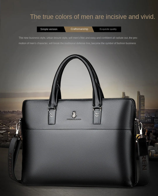 Men’s Genuine Leather Briefcase, Double Zipper Business Bag