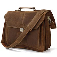 Genuine Crazy Horse Leather Men's Briefcase, 17" Laptop Business Bag