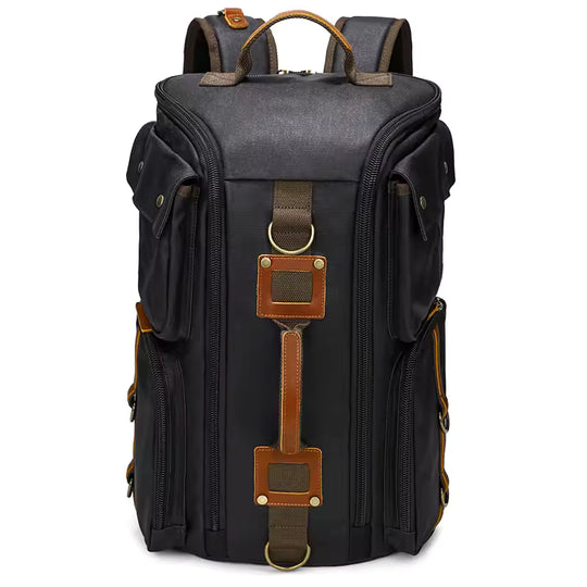 Vintage Leather 16 inch Laptop Backpack and Bag Two-In-One, Waxed Canvas Shoulder Rucksack, Carry-On Travel Bag-Backpack for Men and Women
