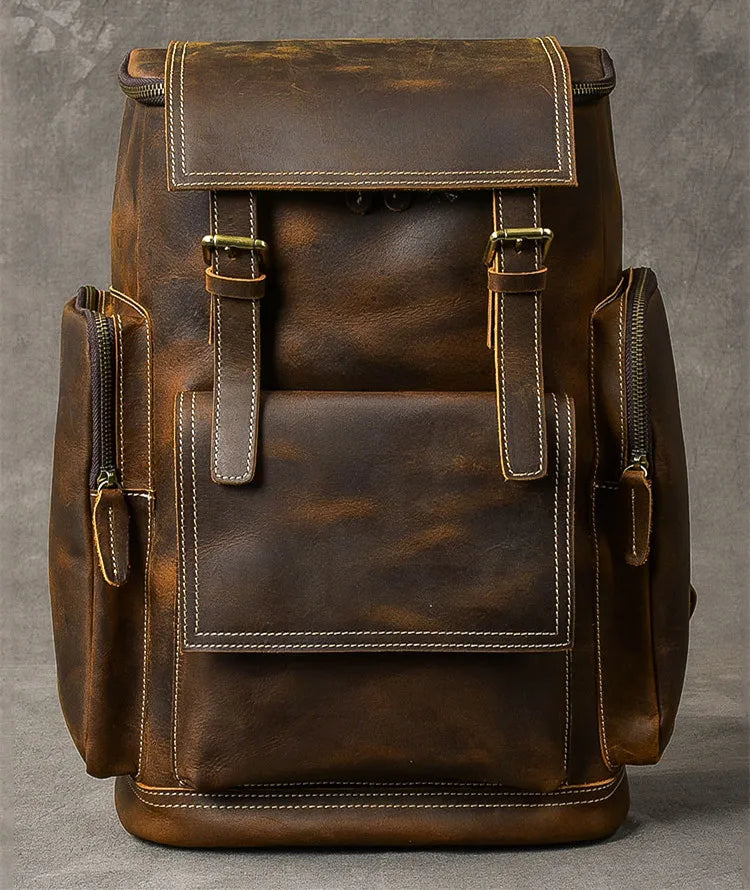 Vintage Crazy Horse Leather Backpack for Men, Large Hiking Bag