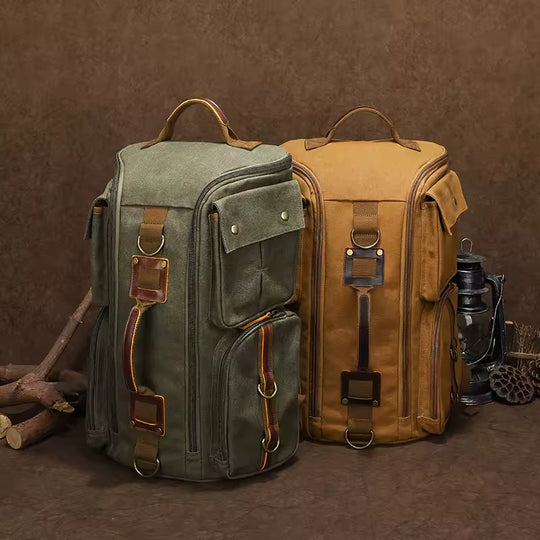 Vintage Leather 16 inch Laptop Backpack and Bag Two-In-One, Waxed Canvas Shoulder Rucksack, Carry-On Travel Bag-Backpack for Men and Women