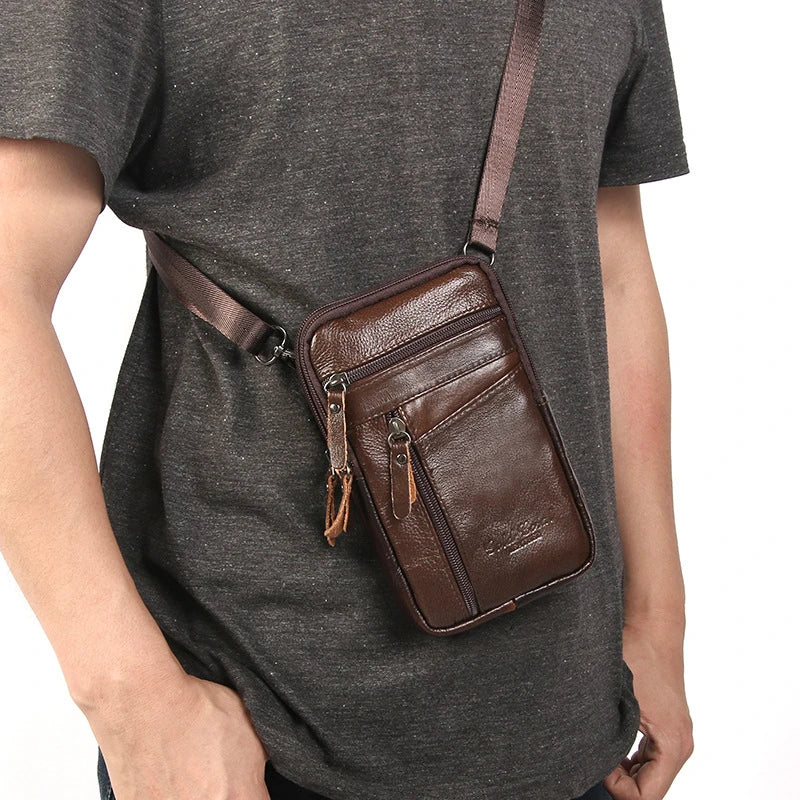 Men’s Genuine Leather Phone Bag, Mini Waist Crossbody Pouch