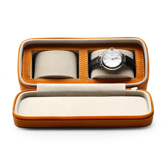 Designer Orange Leather Watch Case - 2 Slots