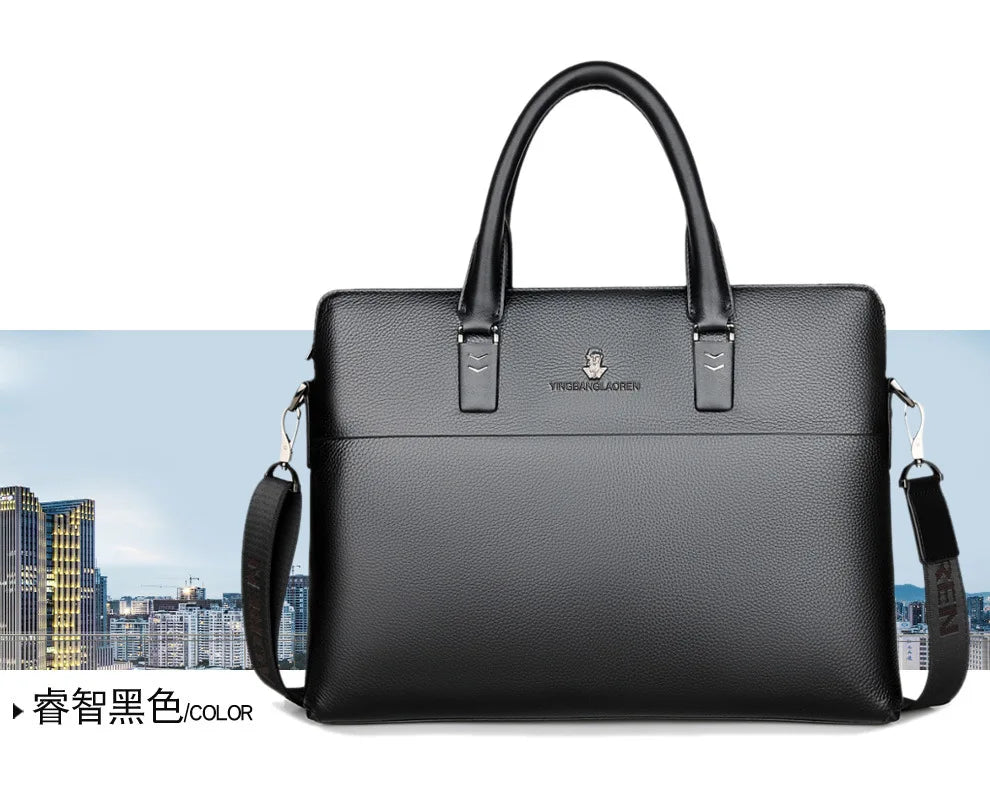 Men’s Genuine Leather Briefcase, Double Zipper Business Bag