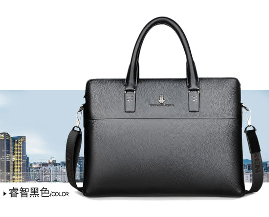 Men’s Genuine Leather Briefcase, Double Zipper Business Bag