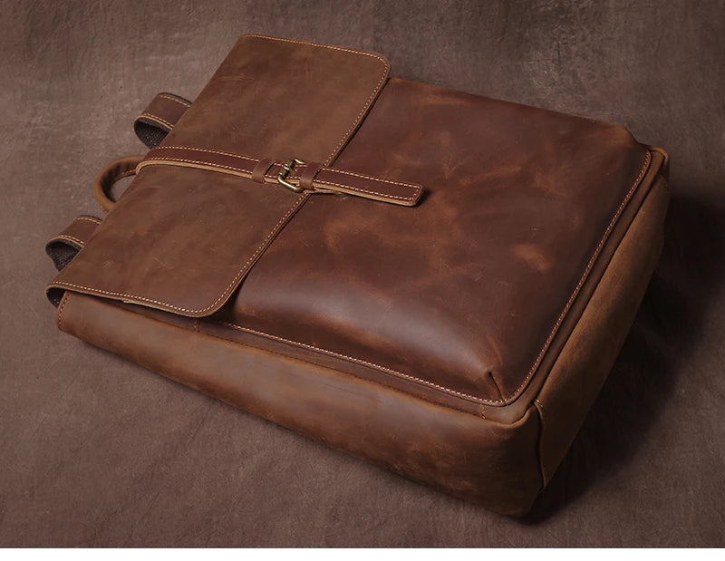 Men’s Retro Genuine Leather Backpack, Flap Travel Commuter Bag