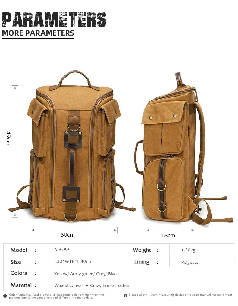 Vintage Leather 16 inch Laptop Backpack and Bag Two-In-One, Waxed Canvas Shoulder Rucksack, Carry-On Travel Bag-Backpack for Men and Women