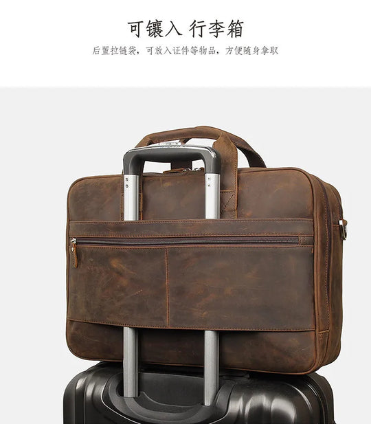 Genuine Crazy Horse Leather Men's Briefcase, 17" Laptop Business Bag