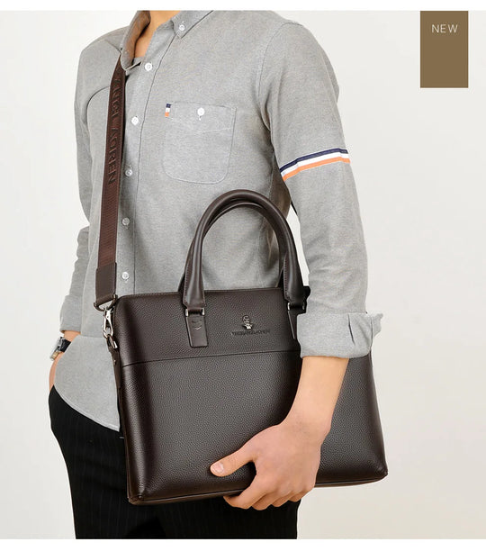 Men’s Genuine Leather Briefcase, Double Zipper Business Bag