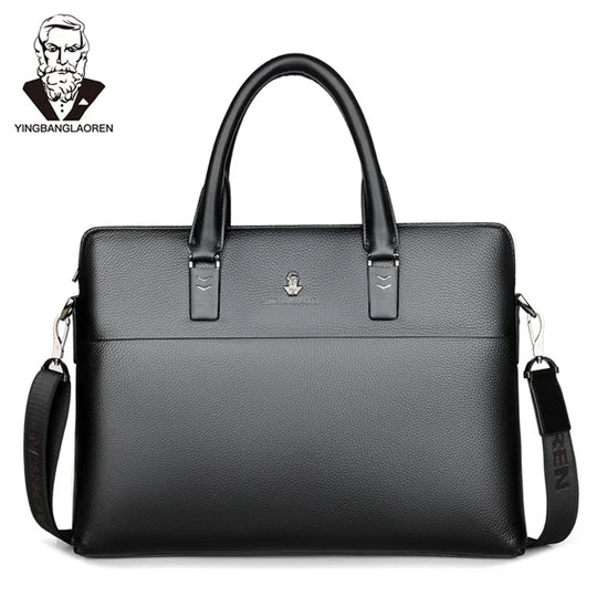 Men’s Genuine Leather Briefcase, Double Zipper Business Bag